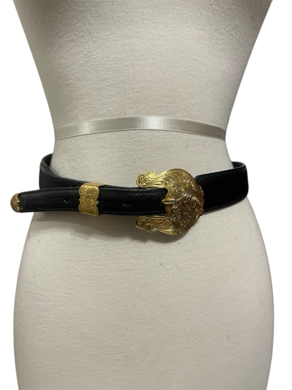 Big Al Black Leather Belt with Ornate Gold Tone German Silver Buckle
